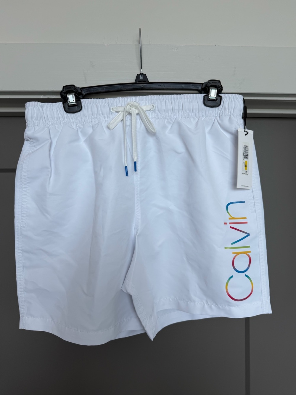 Calvin Klein White Swim Trunks with Rainbow Logo